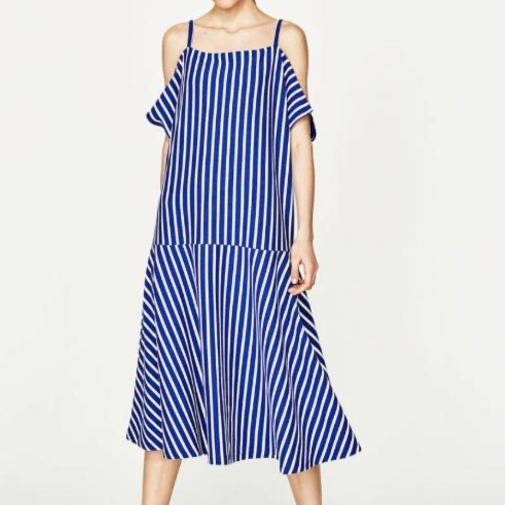 Zara Recycled Cotton Blue And White Stripe Dress In Size L